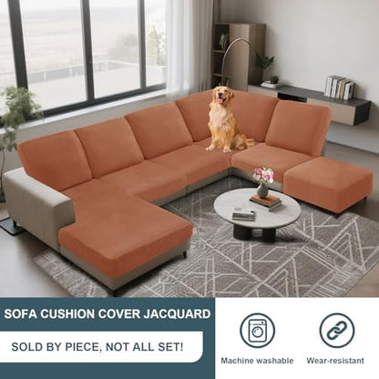 UNBBRRL Seat Cushion Cover and Back Covers for Corner Sofa Stretch Jacquard, Non Slip L Shaped Sofa Slipcover with Storage Ottoman, Sectional Couch Cover for Chaise Lounge (Orange,31 x 73 x 6”)