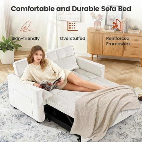Convertible Sofa Bed, 3 in 1 Pull Out Couch with Side Pockets, Velvet Fabric Loveseat Sleeper Sofa Bed, Pull Out Couch with Adjustable Backrest for Living Room, Bedroom, Apartment, White
