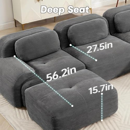 81" Corduroy Modern Sectional Couch, Boneless Couch, Compact sofa, Grey