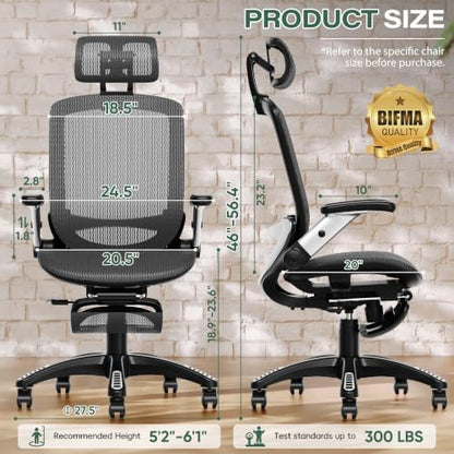 GABRYLLY Ergonomic Office Chair, High Back Home Desk Chair with Footrest,3D Headrest, Flip-Up Arms, 135° Tilt and Wide Cushion, Heavy Duty Mesh Chairs for Task Computer Gaming, Black