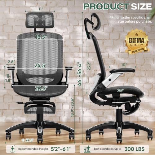 GABRYLLY Ergonomic Office Chair with Footrest, High Back Home Desk Chair - 3D Headrest, Flip-Up Arms, 135° Tilt and Wide Cushion, Heavy Duty Mesh Chairs for Task Computer Gaming, GYB01-FT