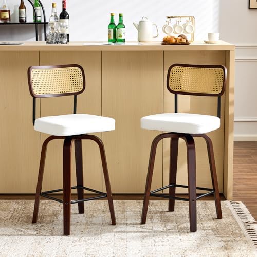 VINGLI Modern Bar Stool 26" H, PU Leather with Rattan Back, 360° Swivel, Solid Wood Legs Barstools for Kitchen Island & Home Bar, White 2 Pack