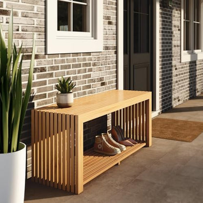 Bamboo Bench with Shelf, 35'' Entryway Bench Seat, Natural