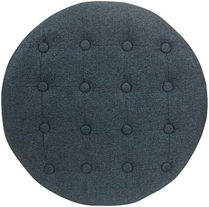 HomePop by Kinfine Fabric Upholstered Round Storage Ottoman - Velvet Button Tufted Ottoman with Removable Lid, Indigo Blue Woven