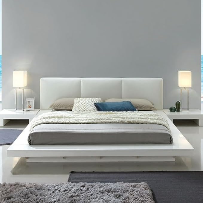 First of a Kind Queen Size Contemporary Bedroom Furniture 5 Piece Set in White - Low Profile Bed, Padded Headboard & High Gloss Finish - Bed, Nightstand, Dresser, Mirror & Storage Chest Set
