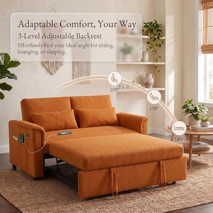Sofa Bed, Pull Out Couch with Side Pockets, 3 in 1 Velvet Loveseat Sleeper Sofas Beds with USB Ports, Sofa Bed Couch with Adjustable Backrest for Living Room, Bedroom, Apartment, Orange