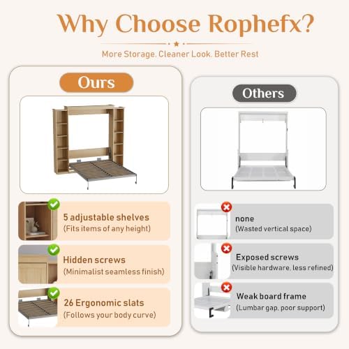 Rophefx Queen Murphy Bed Cabinet, 5-Tier Shelves, Wall Bed, Natural Wood