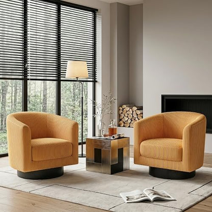 Swivel Accent Chairs Set of 2, 360° Bucket Chair, Modern Upholstered Barrel Armchair, Comfy Corduroy Single Sofa for Living Room Bedroom, Orange