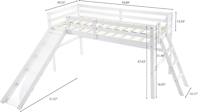 VINGLI Loft Bed with Slide, Twin Space Saving Kids Low Loft with Guardrail and Ladder, Pine Wood and Sturdy Single Bed Frame for Boys and Girls, White