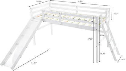 VINGLI Loft Bed with Slide, Twin Space Saving Kids Low Loft with Guardrail and Ladder, Pine Wood and Sturdy Single Bed Frame for Boys and Girls, White