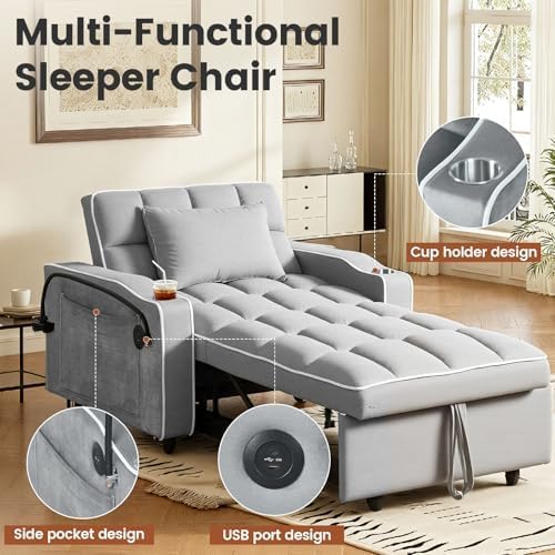 Convertible Sleeper Chair, Pull Out Chair Sleeper with Bracket and Cup Holder, Chairs Bed Sleepers for Adults, 3 in 1 Sofa Bed Chairs for Small Spaces, Living Room