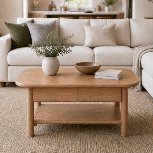 100% Solid Oak Wood Coffee Table with Storage for Living Room, 39.37"W