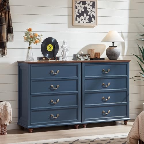 Joaxswe Farmhouse 4 Drawer Dresser Set of 2 for Bedroom, 37" Tall Rustic Chests of Drawers w/ 4 Solid Wood Feet, Mid Century Vintage Wooden Closet Storage Dressers Organizer for Living Room, Navy Blue