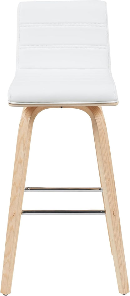 Vienna Modern Swivel Bar Height Stool with White Faux Leather Seat and Patterned Oak Wood Frame Set of 4
