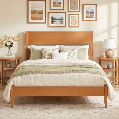 GIANTEX Full Size Wooden Bed Frame with Slatted Headboard (Warm Brown)