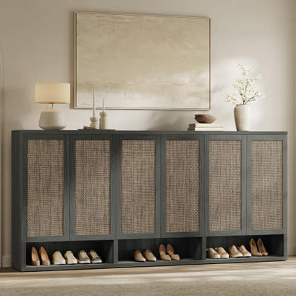 SICOTAS 96.8" Wide Tall Rattan Shoe Storage Cabinet for Entryway with Doors
