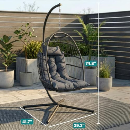 SereneLife Hanging Egg Chair with Stand | Foldable Rattan Wicker Hammock Chair for Patio, Balcony, and Bedroom Use with UV & Weather Resistant Cushion | 350 lb Capacity | Folds Flat Easy Storage