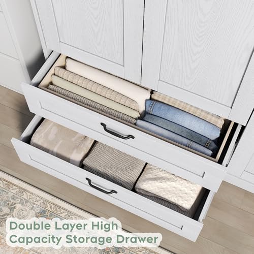 XIAO WEI Armoire Wardrobe Closet with 3 Door, Bedroom Wooden Armoires with Full Length Mirror, Large Clothing Storage Cabinet 2 Drawers, Hanging Rod, Shelves (White, 3 Door)