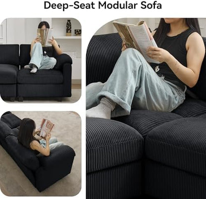 Modular Sectional Sofa, 114'' Corduroy Deep Seat 4-Seater Couch, Black
