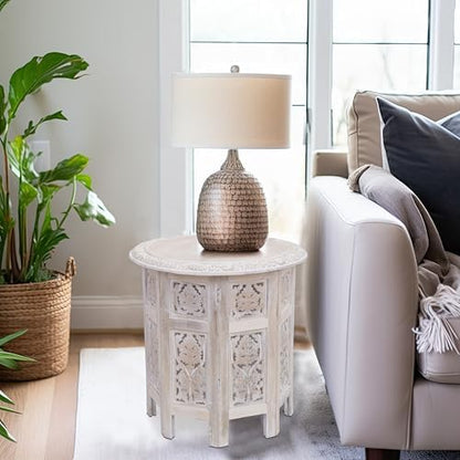 COTTON CRAFT Solid Wood End Table - Hand Carved Folding Accent Side Table