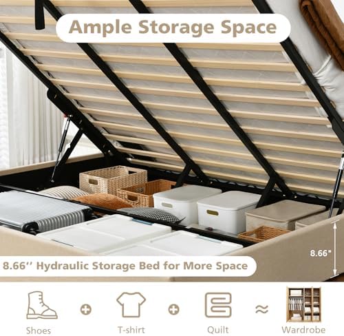 VELOCAVA King Lift Up Storage Bed Frame, Linen-Look Upholstered Bed with Modern Wingback Headboard, Hydraulic Lift Storage, Wood Slat Support, No Box Spring Needed, Beige