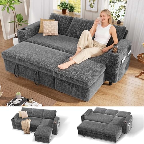 Vipbear Chenille Sleeper Sofa Bed, 82" Pull Out Couch with Reclining Backrest/Reversible Storage Chaise, 3 in 1 L-Shaped Couch with Armrest Storage | Cup Holder | Tool-Free Assembly | Grey