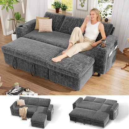 Vipbear Chenille Sleeper Sofa Bed, 82" Pull Out Couch with Reclining Backrest/Reversible Storage Chaise, 3 in 1 L-Shaped Couch with Armrest Storage | Cup Holder | Tool-Free Assembly | Grey