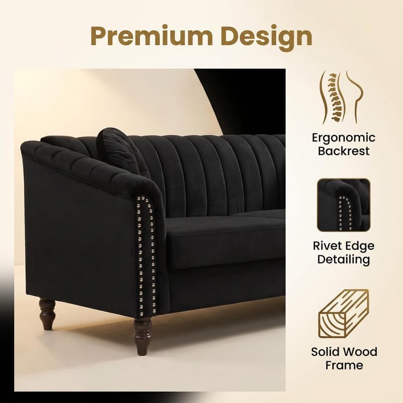 Velvet 3-Seater Sofa with Tufted Back & Nailhead Trim, Modern Vintage Couch with 2 Round Pillows, Luxury Comfy Upholstered Sofa for Living Room, Apartment, Office (Black)
