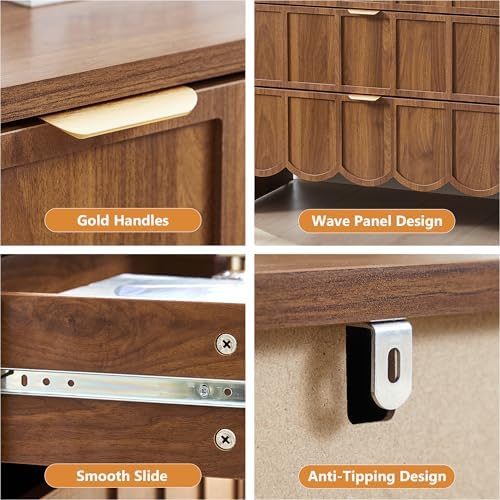 3 Drawer Dresser for Bedroom, Modern Chest of Scalloped Drawer, Walnut