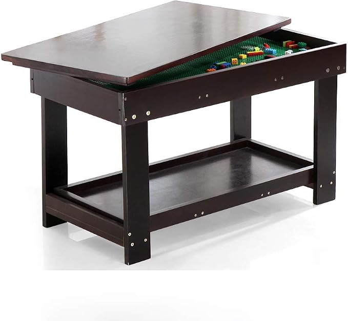 YouHi Kids Activity Table with Board for Bricks Activity Play Table (Dark Brown)