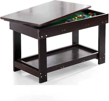 YouHi Kids Activity Table with Board for Bricks Activity Play Table (Dark Brown)