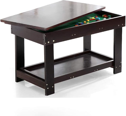 YouHi Kids Activity Table with Board for Bricks Activity Play Table (Dark Brown)