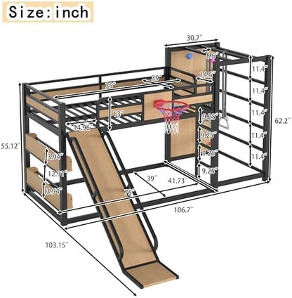 Twin Over Twin Metal Bunk Bed with Slide and Storage for Kids, Yellow