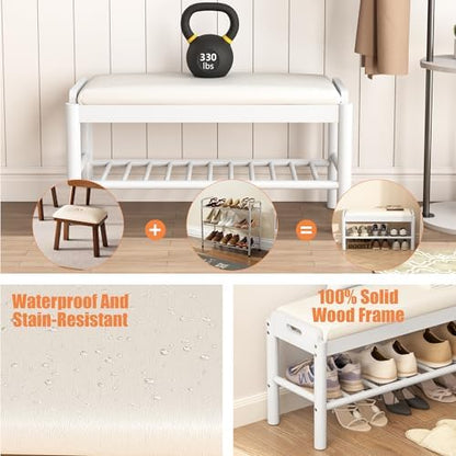 Shoe Storage Bench with Cushion - 2 Tier Shoe Rack for Front Door Entrance, Wood Shoes Rack, Entryway Bench with Shoes Storage for Closet,Hallway,Bedroom&Living Room(White, 31.5" W)