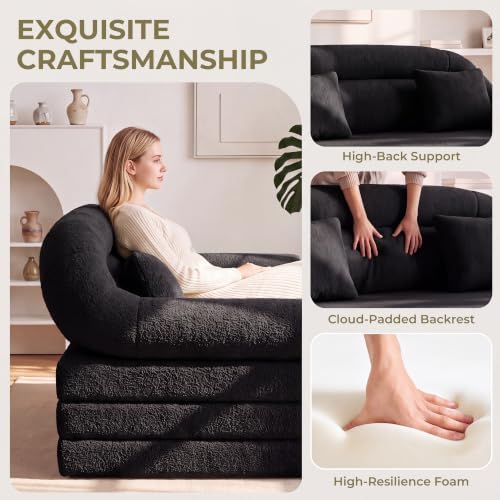 63" High-Back Futon Sofa Bed, Tri-Fold Boneless Couch | Black