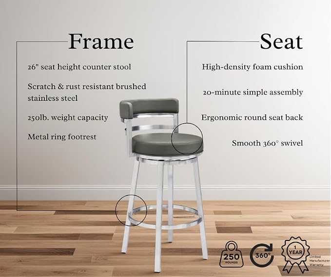 Armen Living Madrid 26" Counter Height Swivel Modern Gray Faux Leather and Brushed Stainless Steel Bar Stool for Kitchen Island Counter
