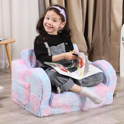 Kids Sofa Chair, 2-in-1 Foldable Couch, Plush, Pastel Tie-Dye