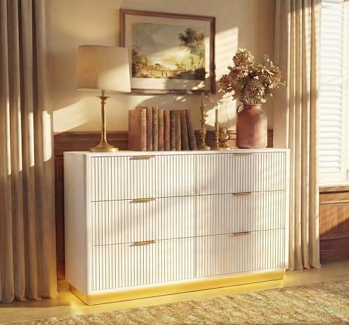 Fluted Dresser for Bedroom with 6 Drawers, 54" Wide Modern Chest of Drawers with Lighting, Wooden Dresser TV Stand with Curved Edges, Closet Organizer for Living Room, Hallway,White