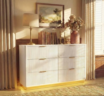 Fluted Dresser for Bedroom with 6 Drawers, 54" Wide Modern Chest of Drawers with Lighting, Wooden Dresser TV Stand with Curved Edges, Closet Organizer for Living Room, Hallway,White