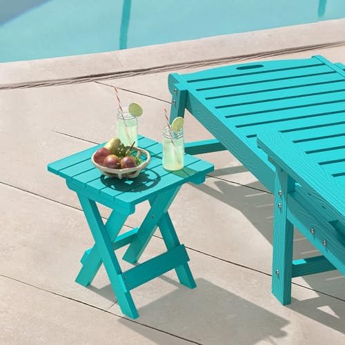 LUE BONA Small Outdoor Folding Side Table HDPS 14 Inch Height, Aruba Blue