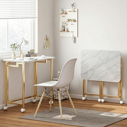 JSB 23.6" Folding Desk for Small Spaces,Mobile Portable Rolling Laptop PC Table on Wheels,Foldable Computer Desk for Home Office,Bedroom,Dorm,Space Saving White&Gold