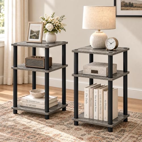 3-Tier Set of 2 End Table, Toolless Assembly Night Stand, Open Shelves Bedside Table, Side Table, for Bedroom, Living Room, French Oak