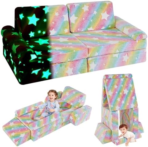Rainbow Star Modular Kids Play Couch for Toddlers 1-3, Green Glow