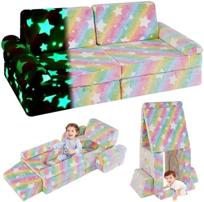 Rainbow Star Modular Kids Play Couch for Toddlers 1-3, Green Glow