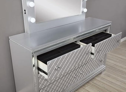 First of a kind Queen Size Glam Bedroom Furniture 4 Piece Set in Silver - Button Tufted Headboard, Mirror Panels Crystal Acrylic, Bed, Dresser, Mirror, Nightstand, USB Charging Hidden Jewellery Drawer