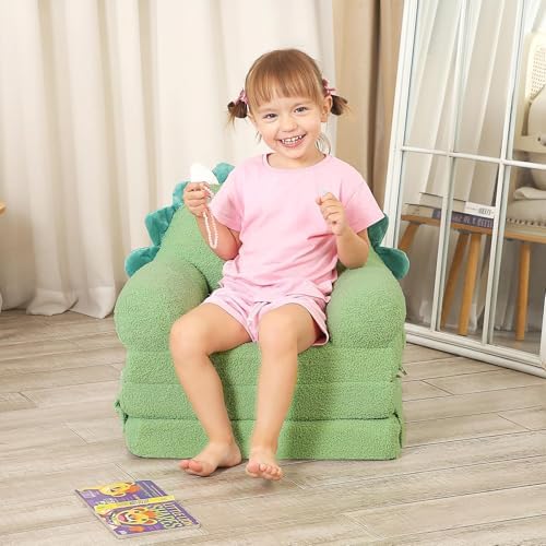 Kids Sofa Chair, 2-in-1 Foldable Couch, Sherpa, Dino Green