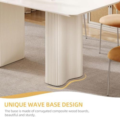 DWVO Cream White Dining Table 63" for 4-6, Rounded Corners, Fluted Base