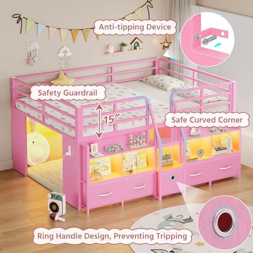 Full Low Loft Bed, 5 Drawers & 6 Bookcases, LED and Charging Station, Pink