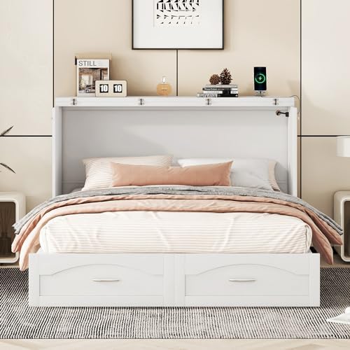Merax Queen Murphy Bed with Storage Drawers, Pulley Structure Design, Murphy Bed Queen with Sockets & USB Ports, No Box Spring Needed, White