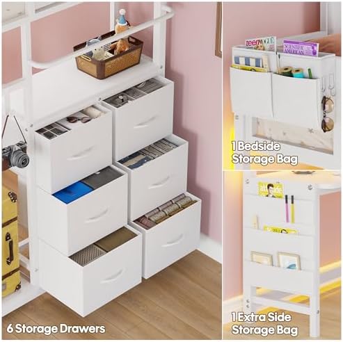 Twin Loft Bed with Desk and 6 Storage Drawers, Loft Bed Twin Size